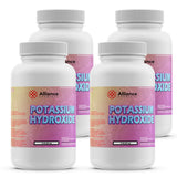 2lb Potassium Hydroxide flakes in HDPE bottles with corrosive warning symbol, Alliance Chemical brand, 4-pack KOH
