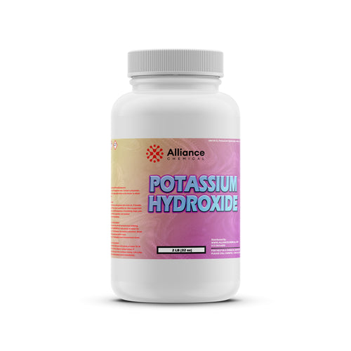 2lb potassium hydroxide (KOH) in HDPE bottle Alliance Chemical branding, hazard warning symbols on gradient label