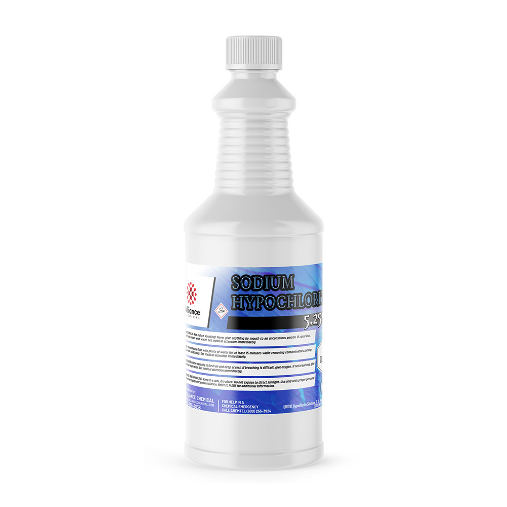 1-Quart Alliance Chemical Sodium Hypochlorite 5.25% bottle with a white ribbed screw cap and product label
