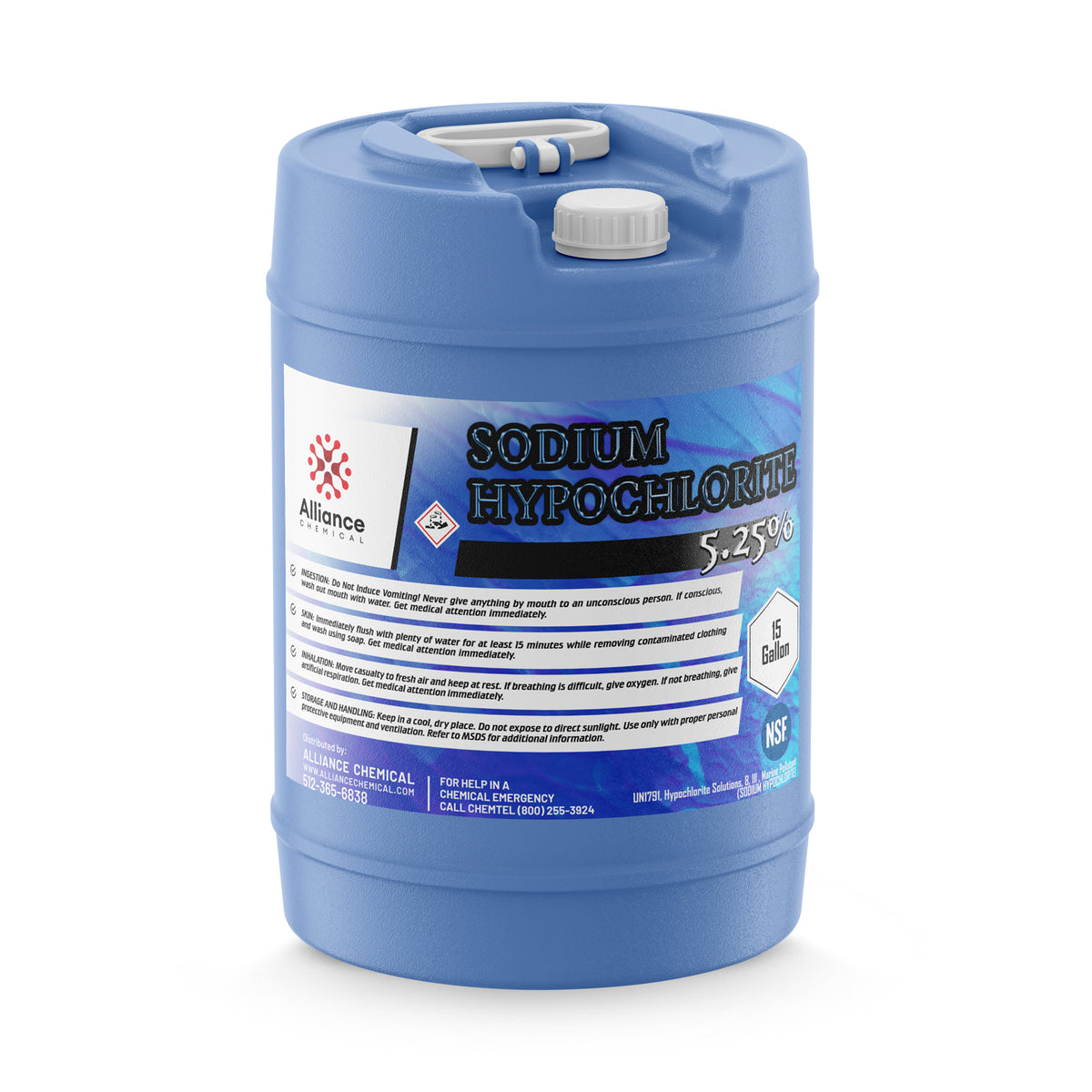 15-gallon HDPE drum of 5.25% Sodium Hypochlorite solution by Alliance Chemical