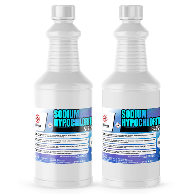 Two 1-quart plastic bottles of Alliance Chemical Sodium Hypochlorite 5.25% with white caps and product labels.