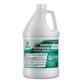 1-gallon HDPE bottle of 50% Sodium Hydroxide (Caustic Soda) with chemical hazard diamonds, Alliance Chemical brand, green