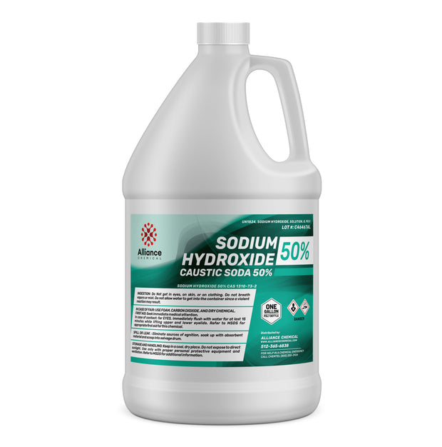 1-gallon HDPE bottle of 50% Sodium Hydroxide (Caustic Soda) with chemical hazard diamonds, Alliance Chemical brand, green