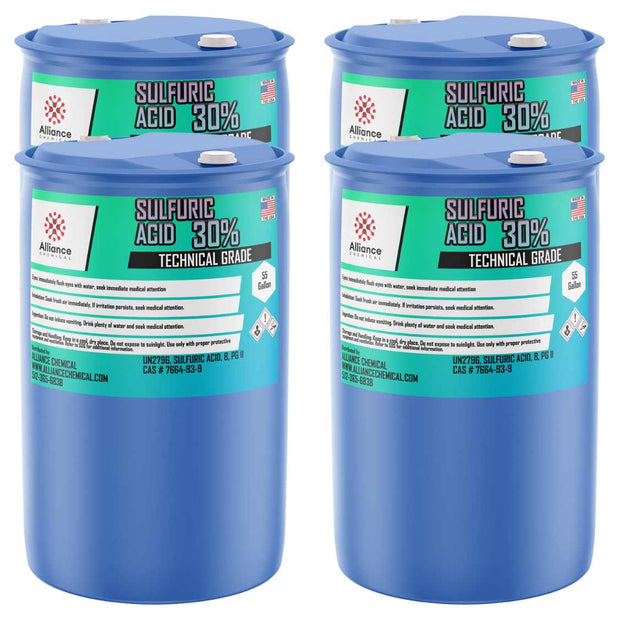 Two 55-gallon plastic drums of Alliance Chemical Sulfuric Acid 30% with blue drums and white screw caps.