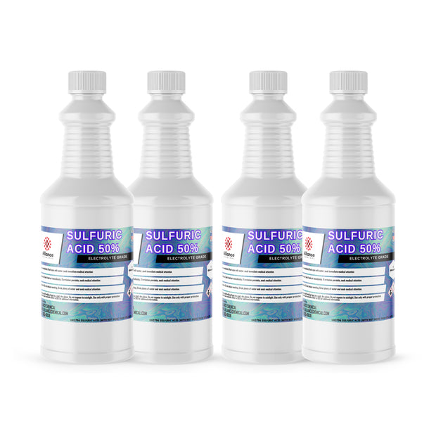 Four 1-quart HDPE bottles of Alliance Chemical Sulfuric Acid 50% - Electrolyte Grade with white caps and labels