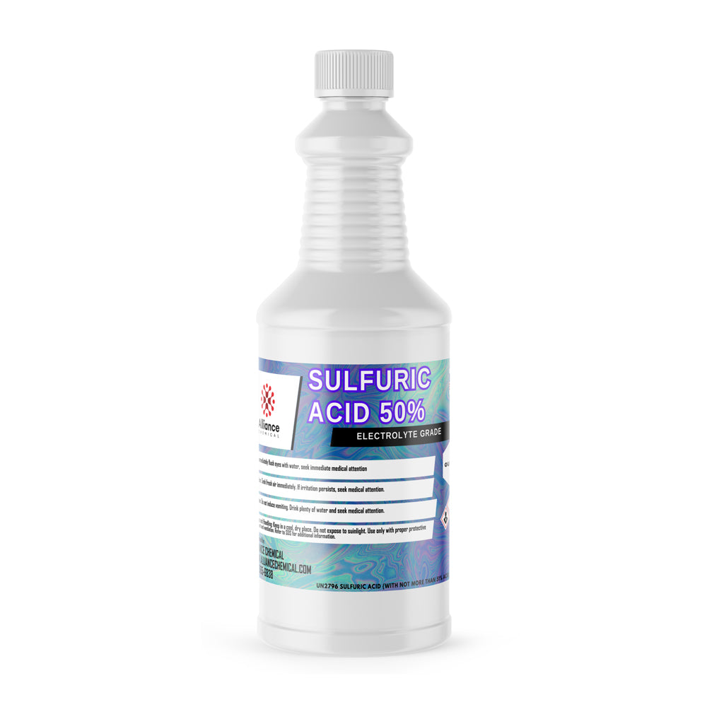 1-quart plastic bottle of Alliance Chemical Sulfuric Acid 50% - Electrolyte Grade with a ribbed screw cap and product label