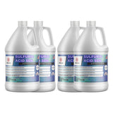 Four 1-gallon HDPE jugs of Alliance Chemical Sulfuric Acid 50% - Electrolyte Grade with white caps and product labels.