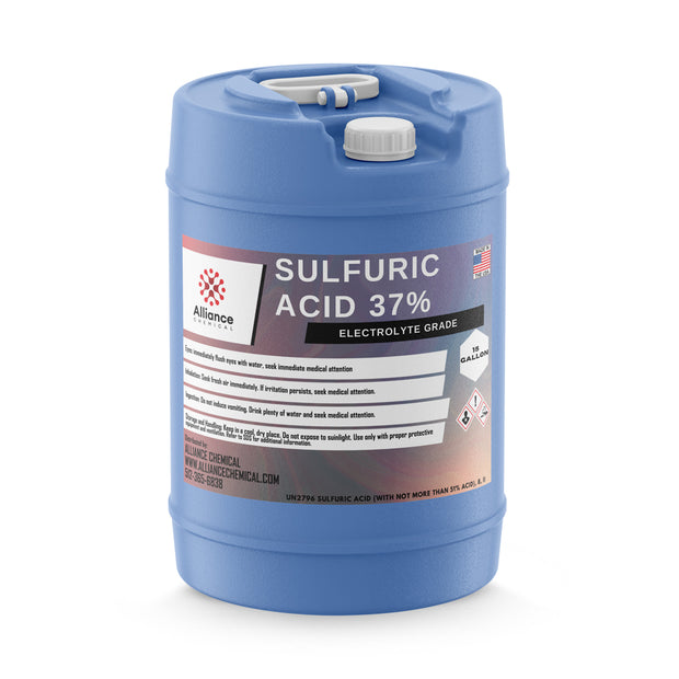 One 15-gallon plastic drum of Alliance Chemical Sulfuric Acid 37% with a white cap and blue handle.