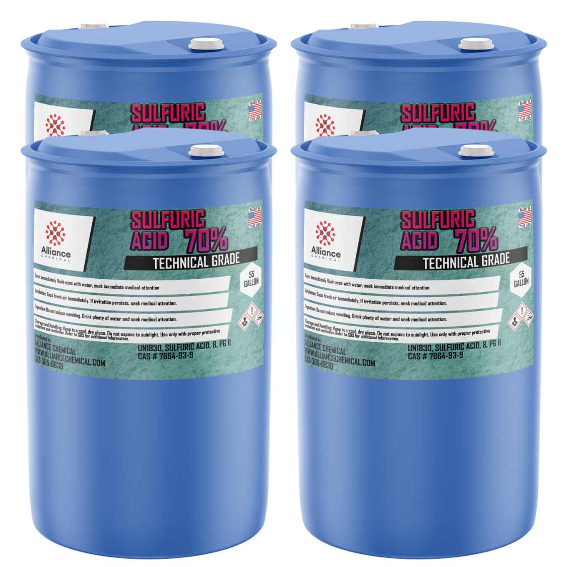 Four 55-gallon plastic drums of Alliance Chemical Sulfuric Acid 70% Technical Grade with labels and white caps
