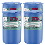 Four 55-gallon plastic drums of Alliance Chemical Sulfuric Acid 70% Technical Grade with labels and white caps