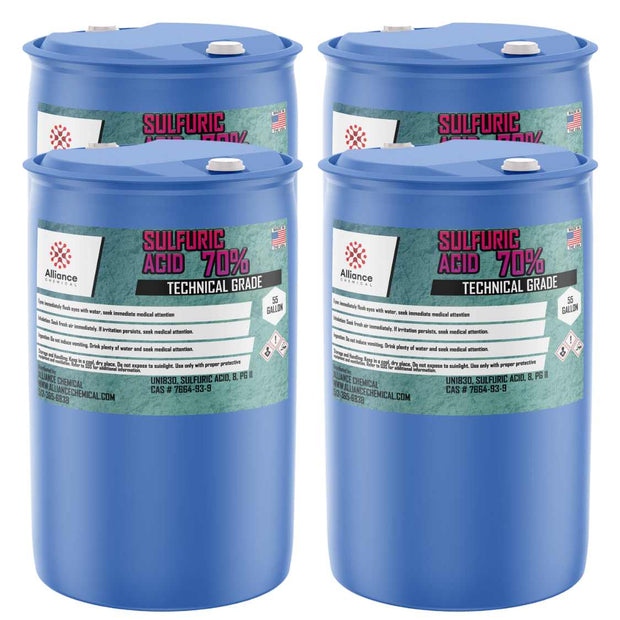 Four 55-gallon plastic drums of Alliance Chemical Sulfuric Acid 70% Technical Grade with labels and white caps