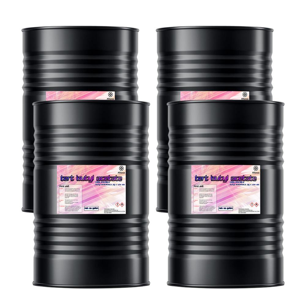 Four 55-gallon steel drums of Alliance Chemical Tert Butyl Acetate with black bodies and product labels.