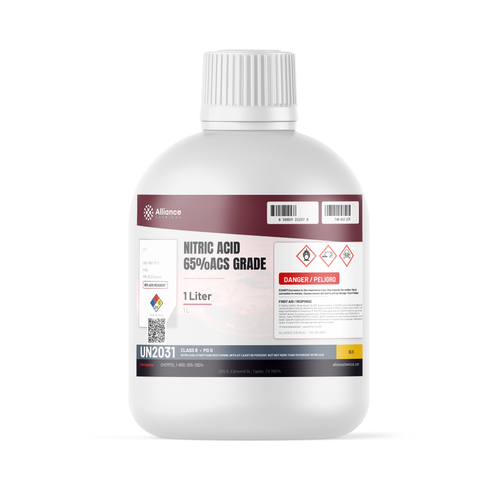 Nitric Acid 65% ACS Grade in a 1-liter white plastic bottle from Alliance Chemical