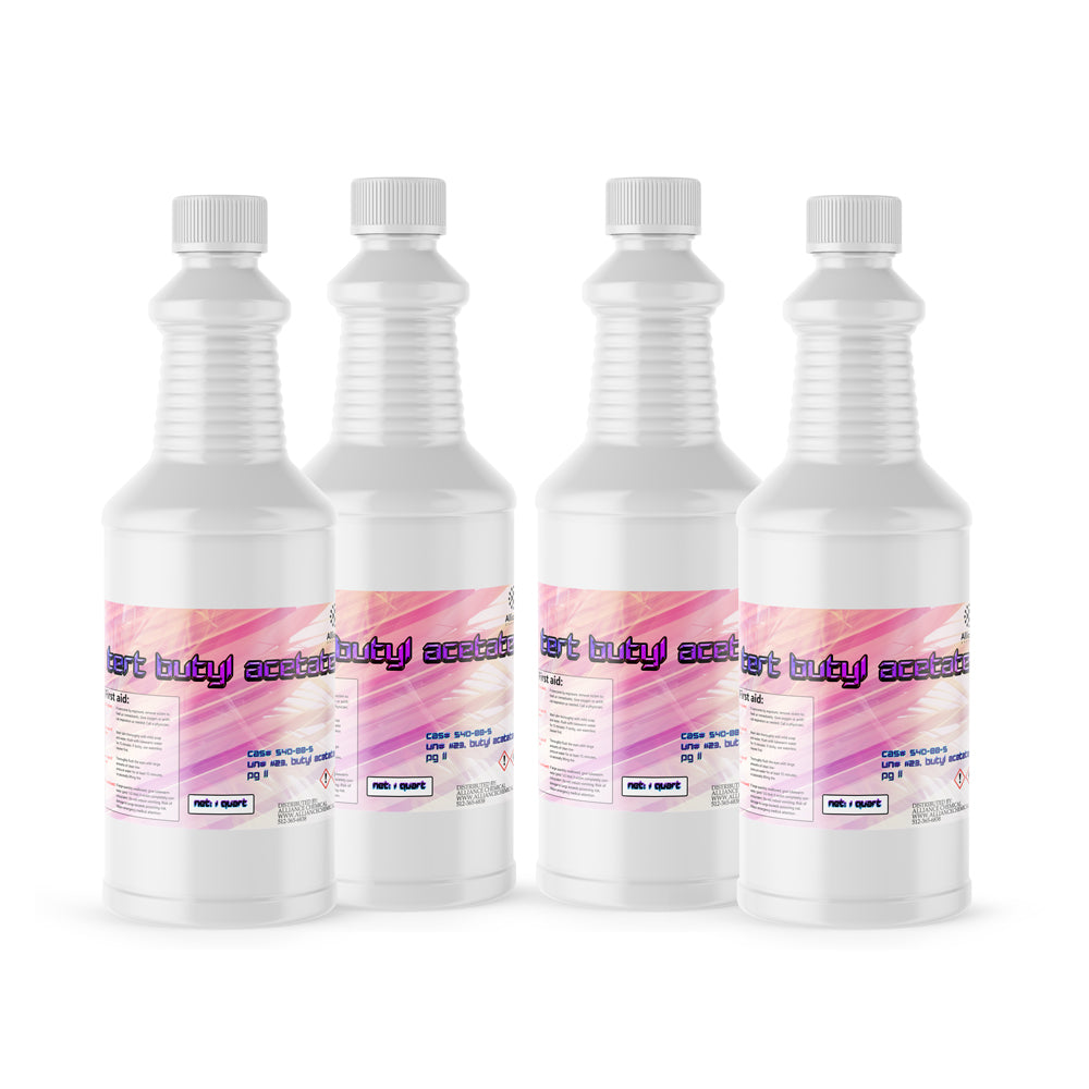 Four 1-quart plastic bottles of Alliance Chemical Tert Butyl Acetate with white screw caps and product labels