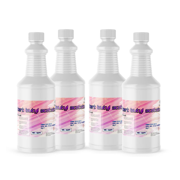 Four 1-quart plastic bottles of Alliance Chemical Tert Butyl Acetate with white screw caps and product labels