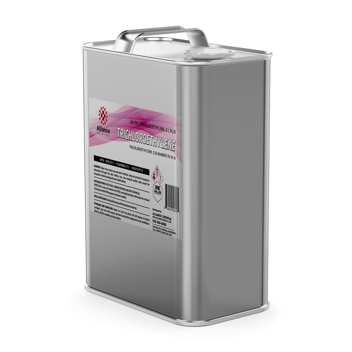 One 1-gallon steel jug of Alliance Chemical Trichloroethylene (TCE) Technical Grade with a metal handle and label.