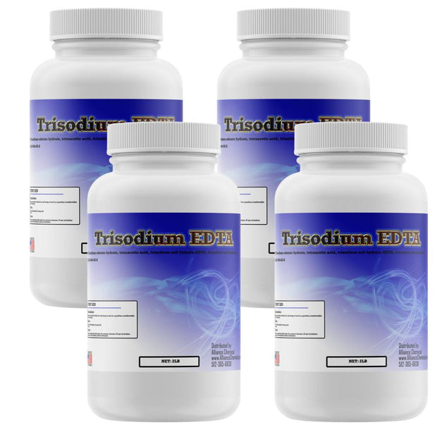 2LB HDPE bottles of Trisodium EDTA powder, 4-pack, pharmaceutical-grade chelating agent distributed by Alliance Chemical
