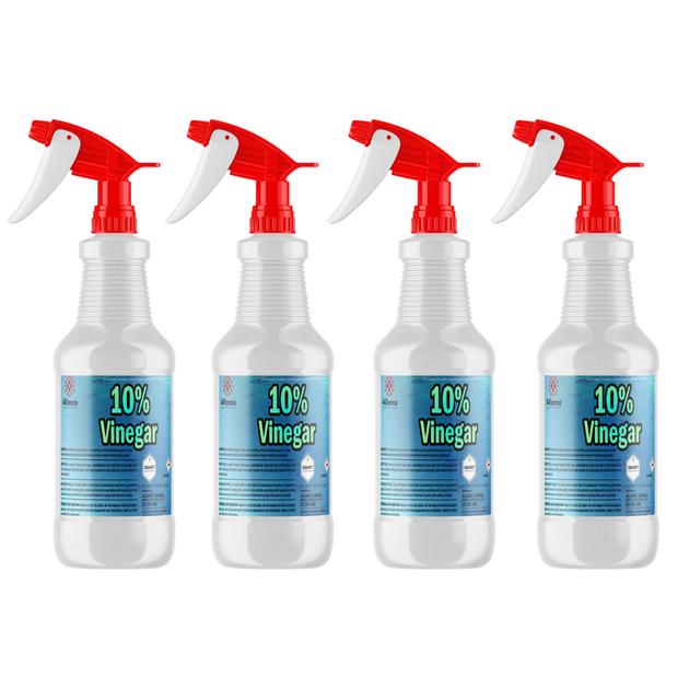 Four 1-quart bottles of Alliance Chemical 10% Vinegar - Concentrated Industrial Strength with red and white spray nozzles.