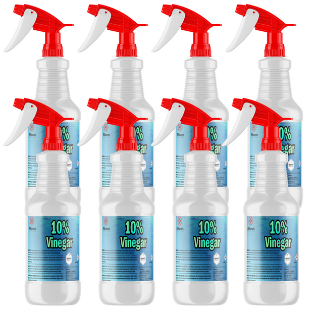 Four 1-quart plastic bottles of Alliance Chemical 10% Vinegar with red and white spray nozzles and product labels