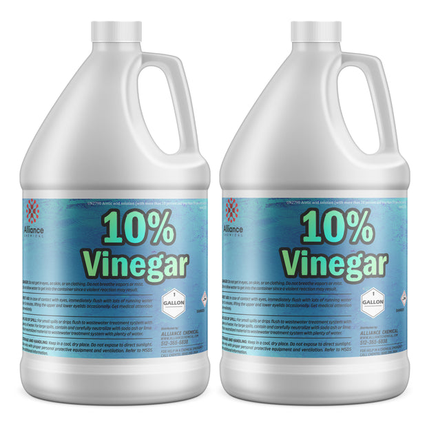 Alliance Chemical 10% industrial vinegar in 2-gallon HDPE jugs with safety warnings