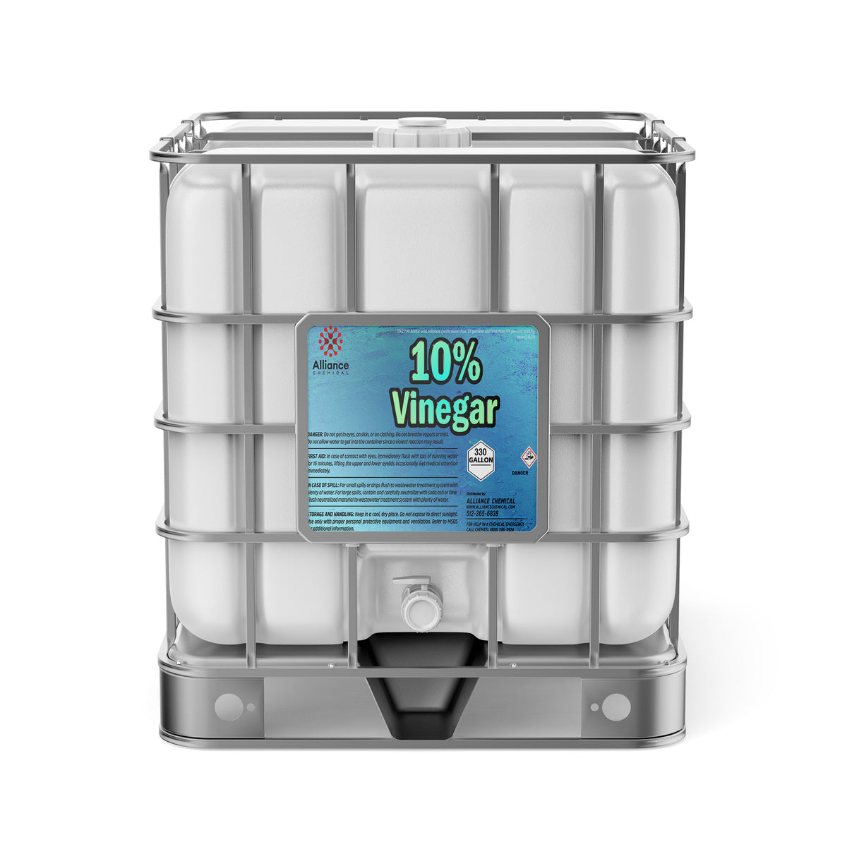One 330-gallon plastic tote of Alliance Chemical 10% Vinegar - Concentrated Industrial Strength with a metal cage.