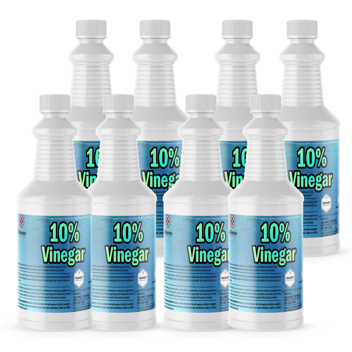 Seven 1-quart plastic bottles of Alliance Chemical 10% Vinegar - Concentrated Industrial Strength with white caps and labels