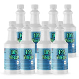 Seven 1-quart plastic bottles of Alliance Chemical 10% Vinegar - Concentrated Industrial Strength with white caps and labels