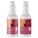 Two 1-quart plastic bottles of Alliance Chemical 30% Vinegar - Concentrated Industrial Strength with white screw caps.