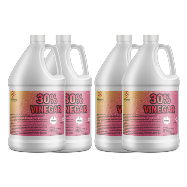4x1-gallon HDPE jugs of 30% concentrated industrial vinegar solution by Alliance Chemical, white containers safety indicators