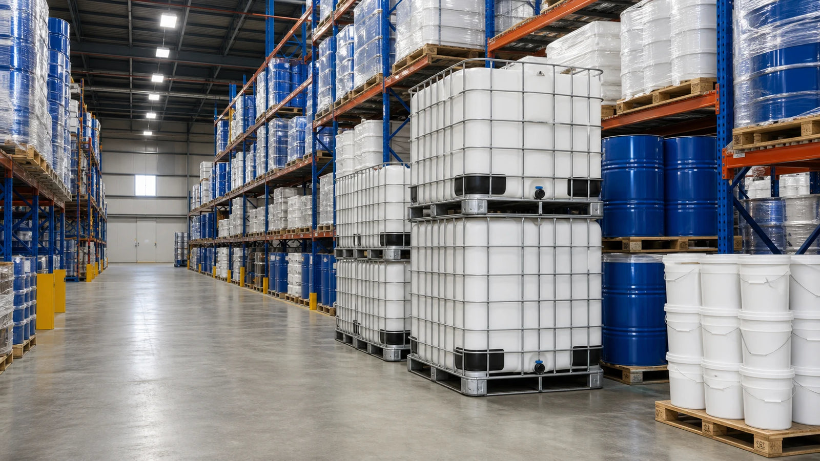 Warehouse inventory with chemical totes, drums, and pails