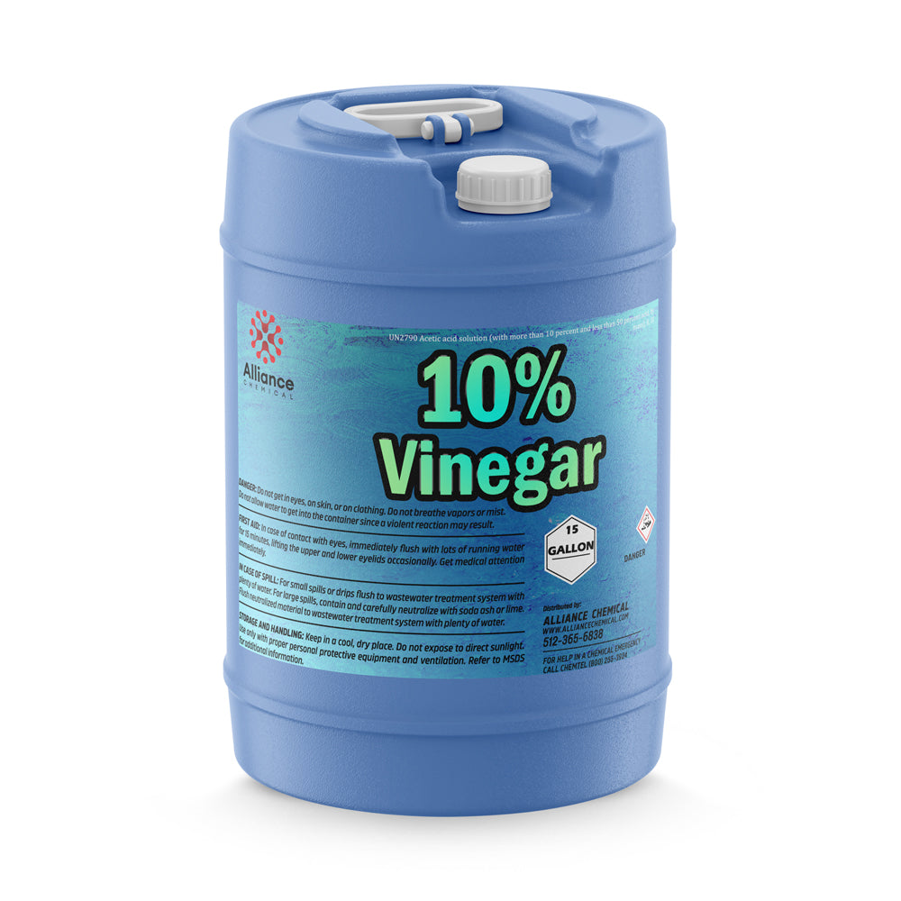 One 15-gallon HDPE jug of Alliance Chemical 10% Vinegar - Concentrated Industrial Strength with a white cap and handle.