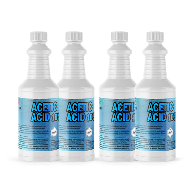 Four 1-quart plastic jugs of Alliance Chemical Acetic Acid 10% Vinegar with white screw caps and product labels.