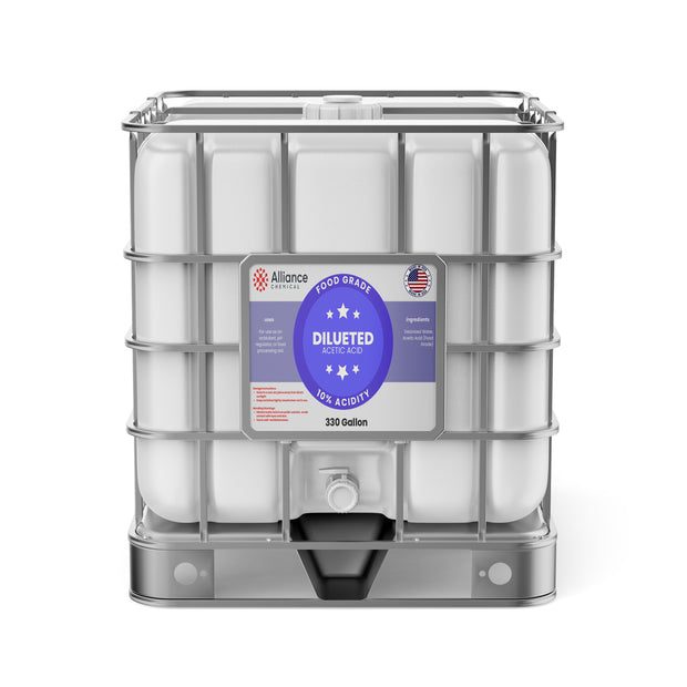 One 330-gallon plastic tote of Alliance Chemical 10% Diluted Acetic Acid Food Grade with a steel cage.