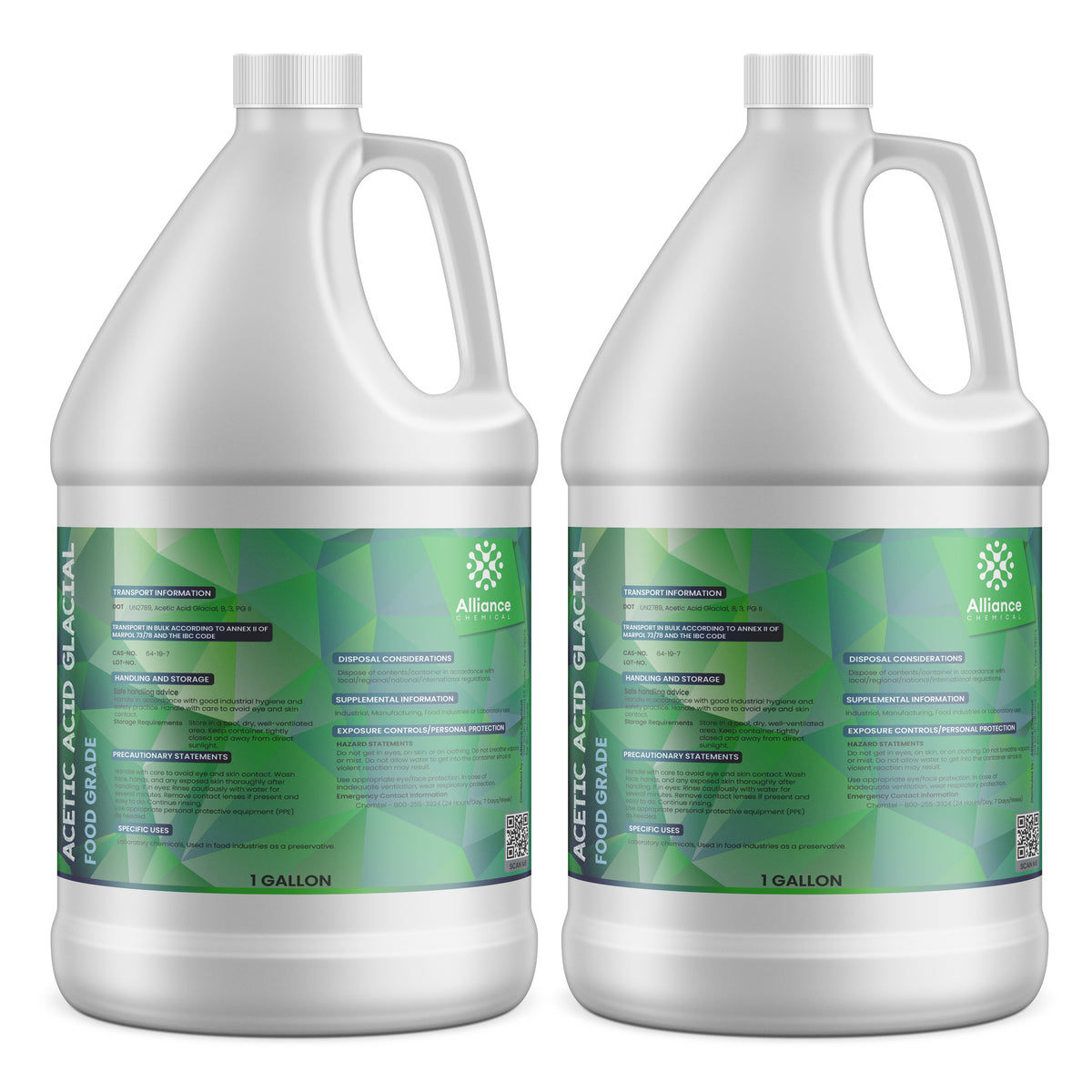 Two 1-gallon HDPE jugs of Acetic Acid Glacial Food Grade transport information, and Alliance Chemicals branding