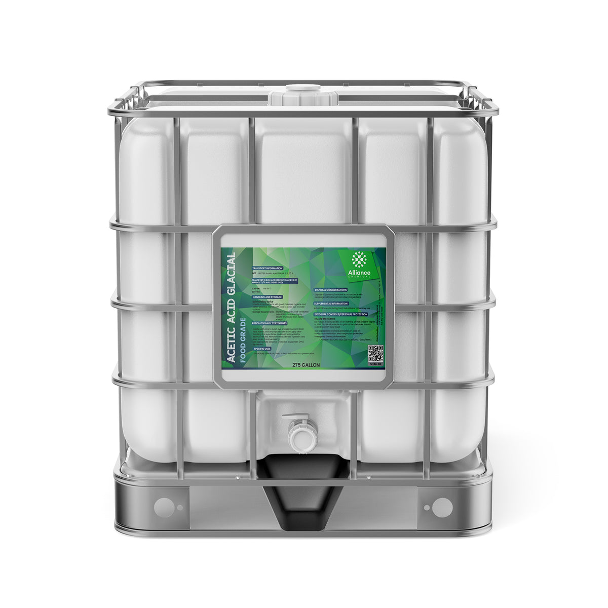 275-gallon IBC tote of Acetic Acid Glacial (Food Grade) , integrated spigot, and green Alliance Chemical labeling
