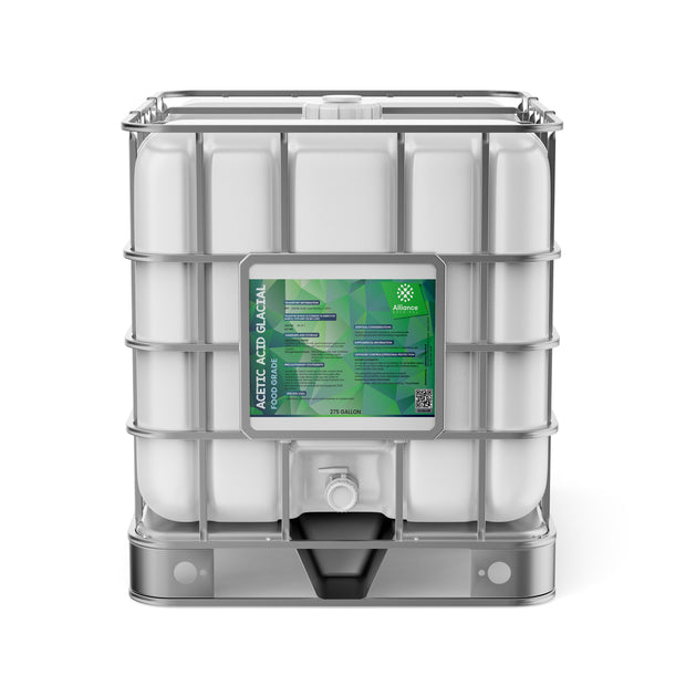 275-gallon IBC tote of Acetic Acid Glacial (Food Grade) , integrated spigot, and green Alliance Chemical labeling
