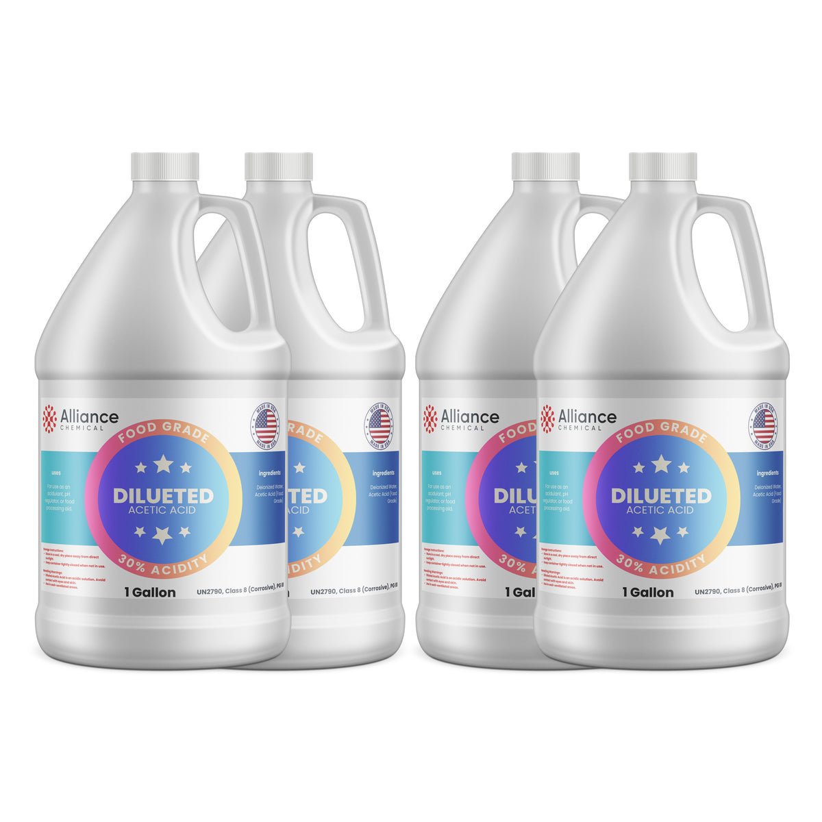 Alliance Chemical 30% diluted acetic acid food grade in four 1-gallon plastic jugs with handles
