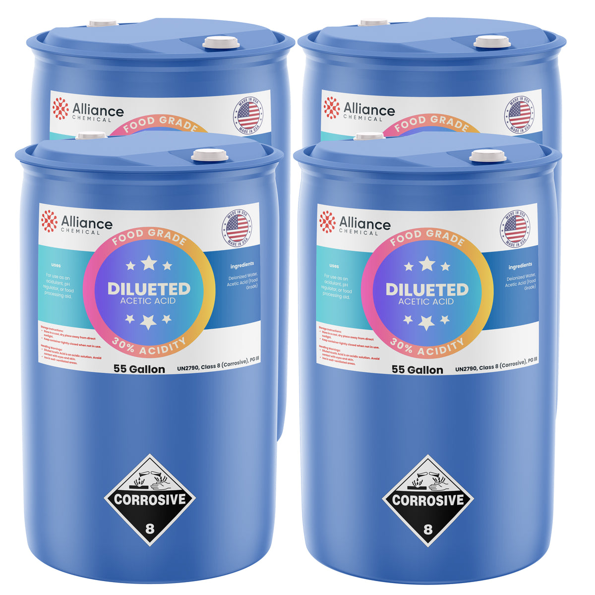 Alliance Chemical 30% diluted acetic acid food grade in blue 55-gallon plastic drum with corrosive label