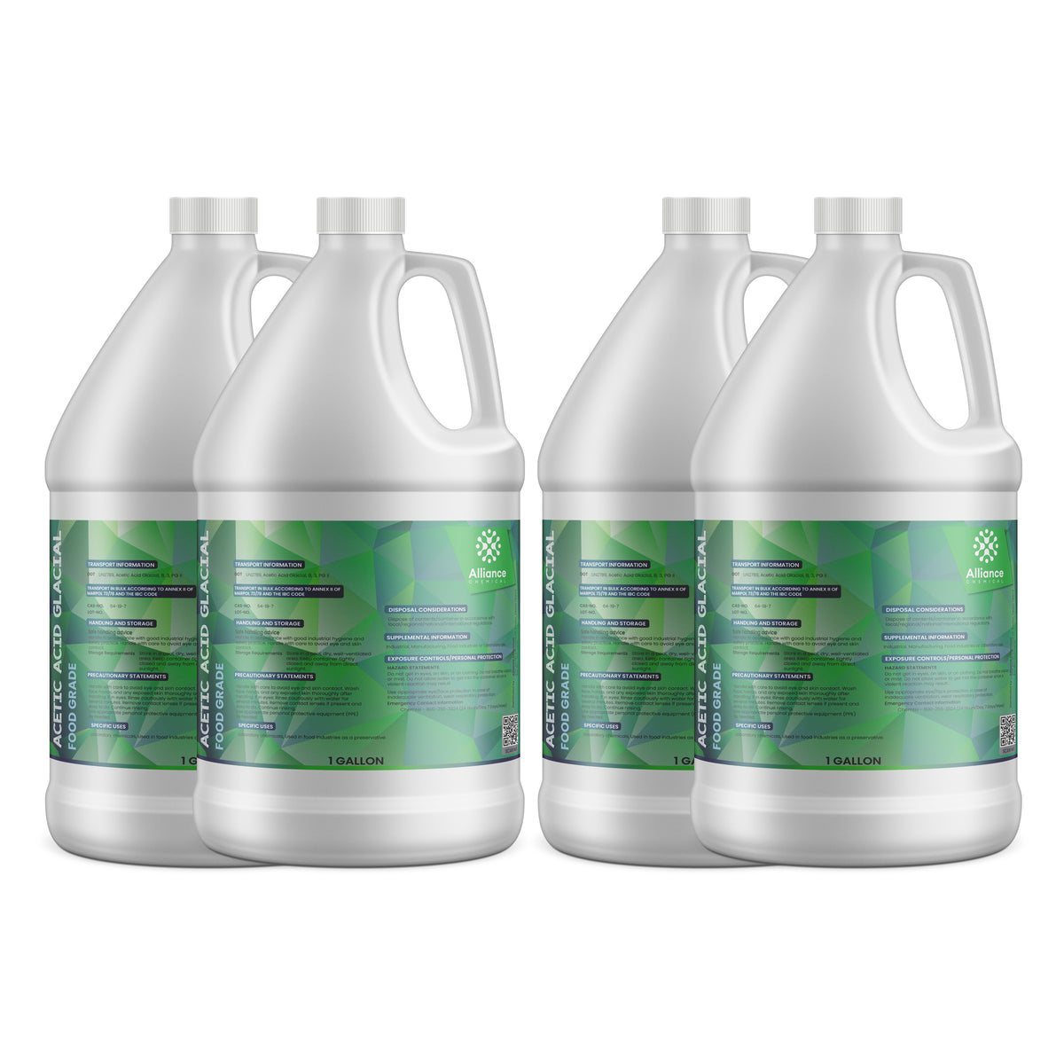 4x1-gallon HDPE jugs of Acetic Acid Glacial Food Grade Alliance Chemical brand, with transport and storage information