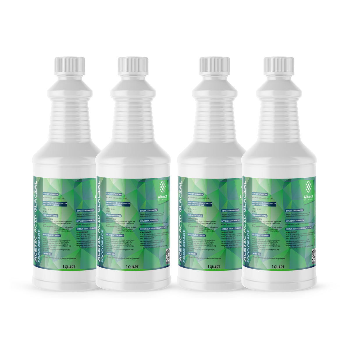 4x1-quart HDPE bottles of Acetic Acid Glacial Food Grade ribbed safety caps, Alliance Chemical branding