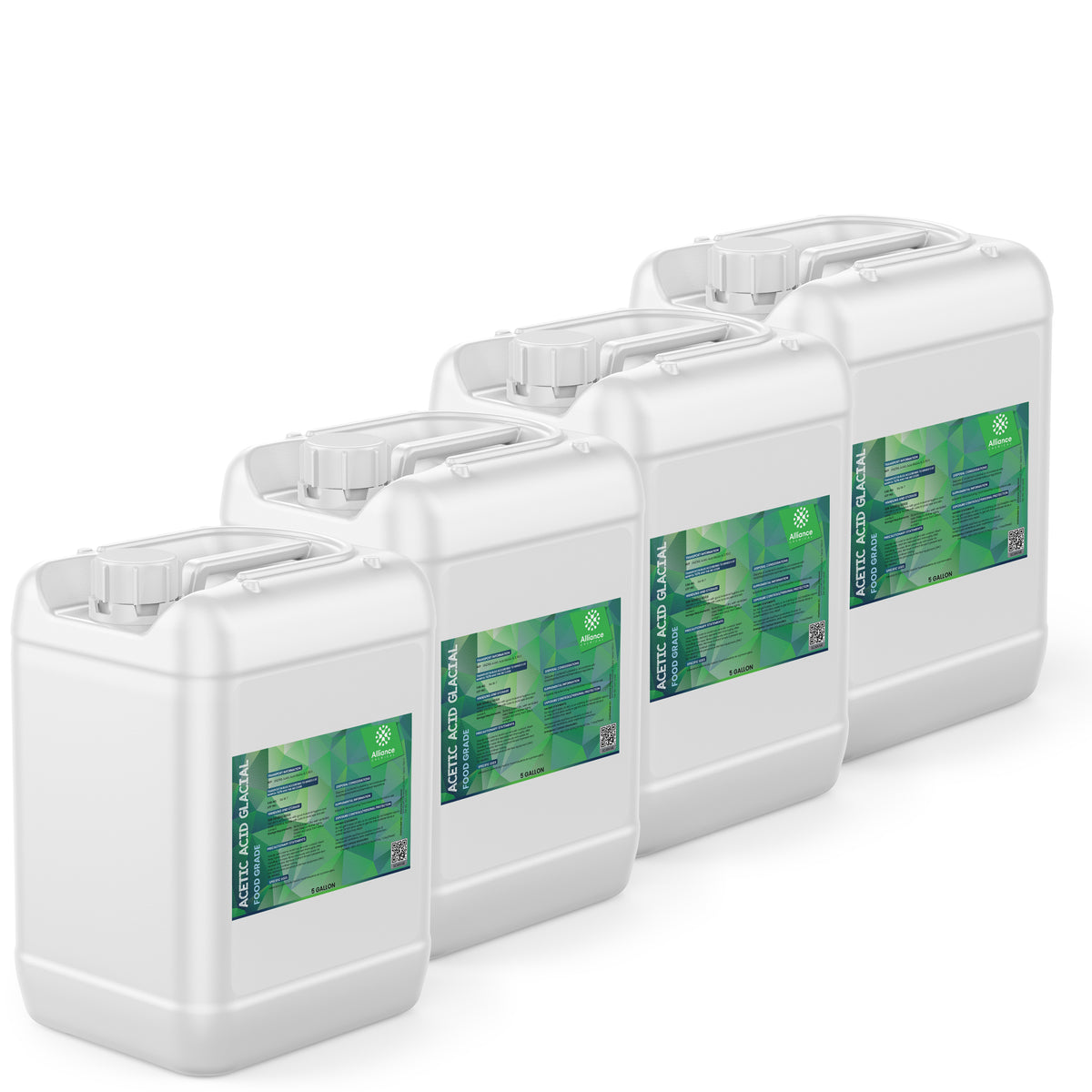 Four 5-gallon HDPE jugs of Alliance Chemical Acetic Acid Glacial - Food Grade with white caps and product labels