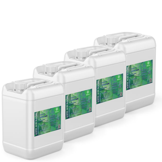 Four 5-gallon HDPE jugs of Alliance Chemical Acetic Acid Glacial - Food Grade with white caps and product labels