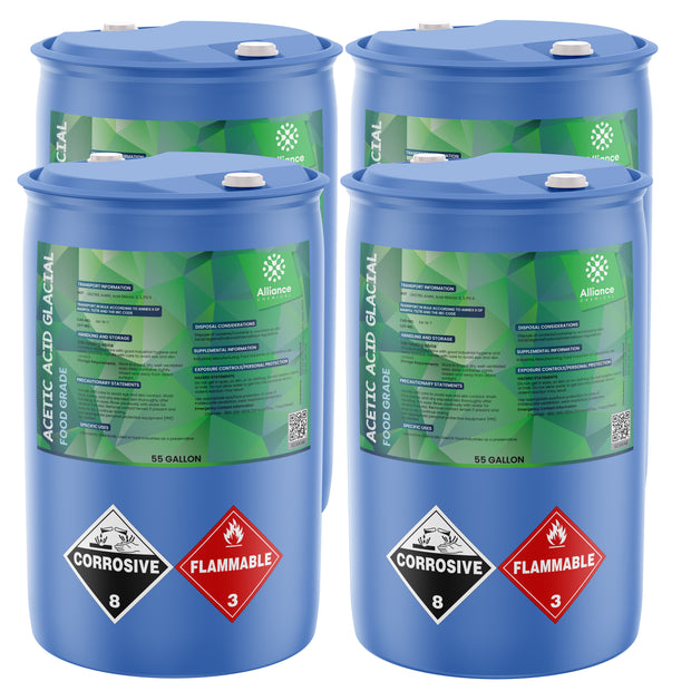 Alliance Chemical 4x55 gallon acetic acid glacial food grade in HDPE drums corrosive (8) and flammable (3) hazard symbols