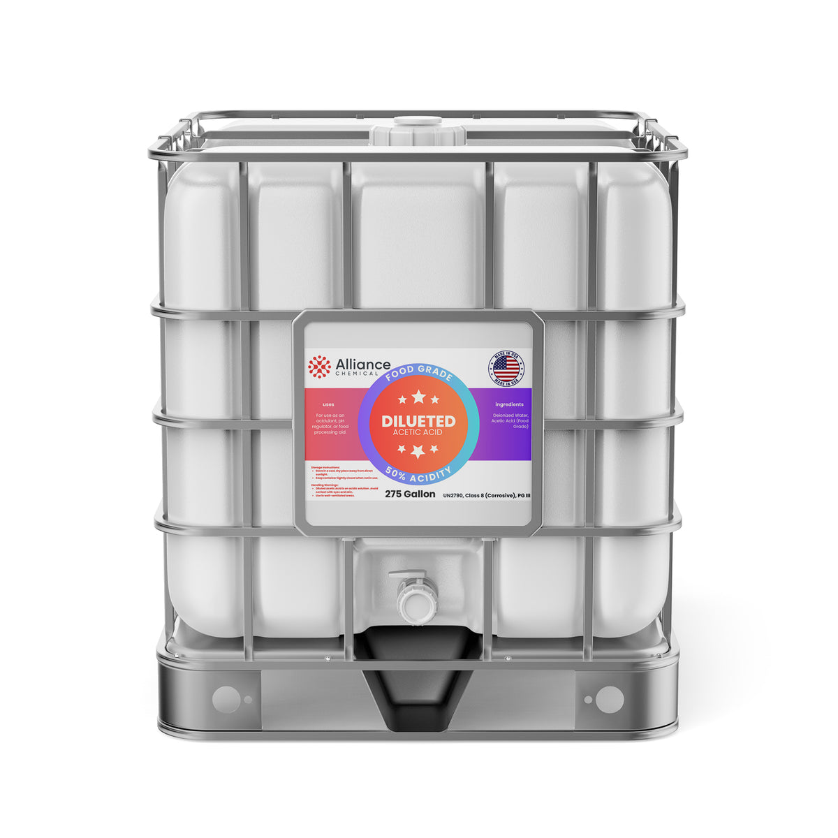 Alliance Chemical 50% diluted acetic acid food grade in 275-gallon IBC tote with label detailing