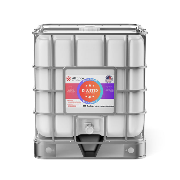 Alliance Chemical 50% diluted acetic acid food grade in 275-gallon IBC tote with label detailing