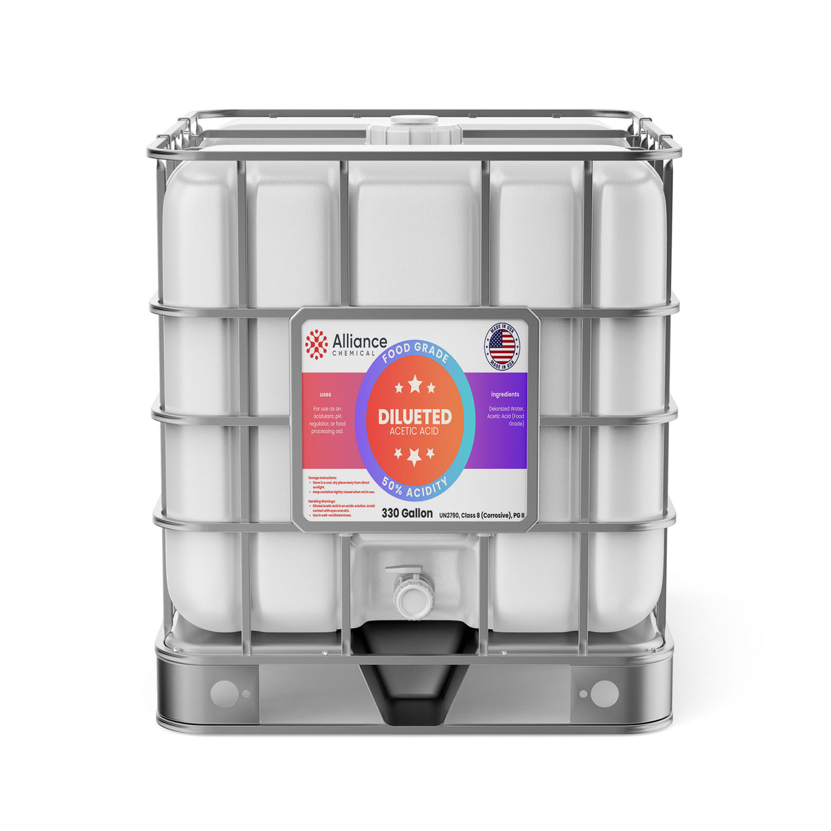 One 330-gallon plastic tote of Alliance Chemical 50% Diluted Acetic Acid Food Grade with a steel cage and spigot.