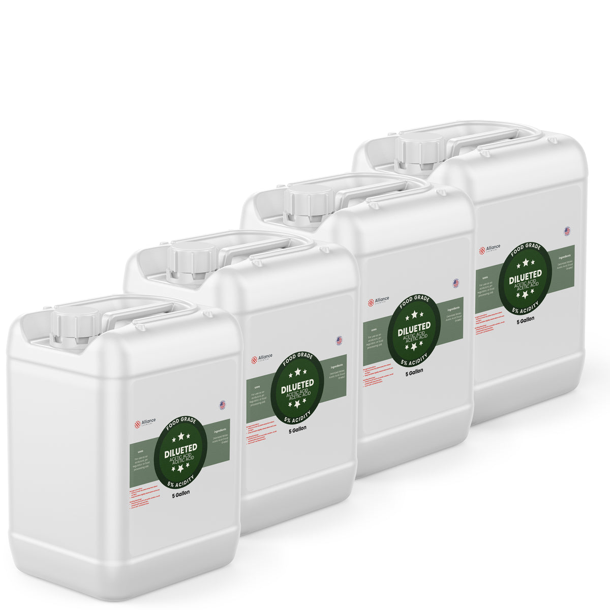 Alliance Chemical 5% diluted acetic acid food grade in four 5-gallon HDPE containers with screw caps