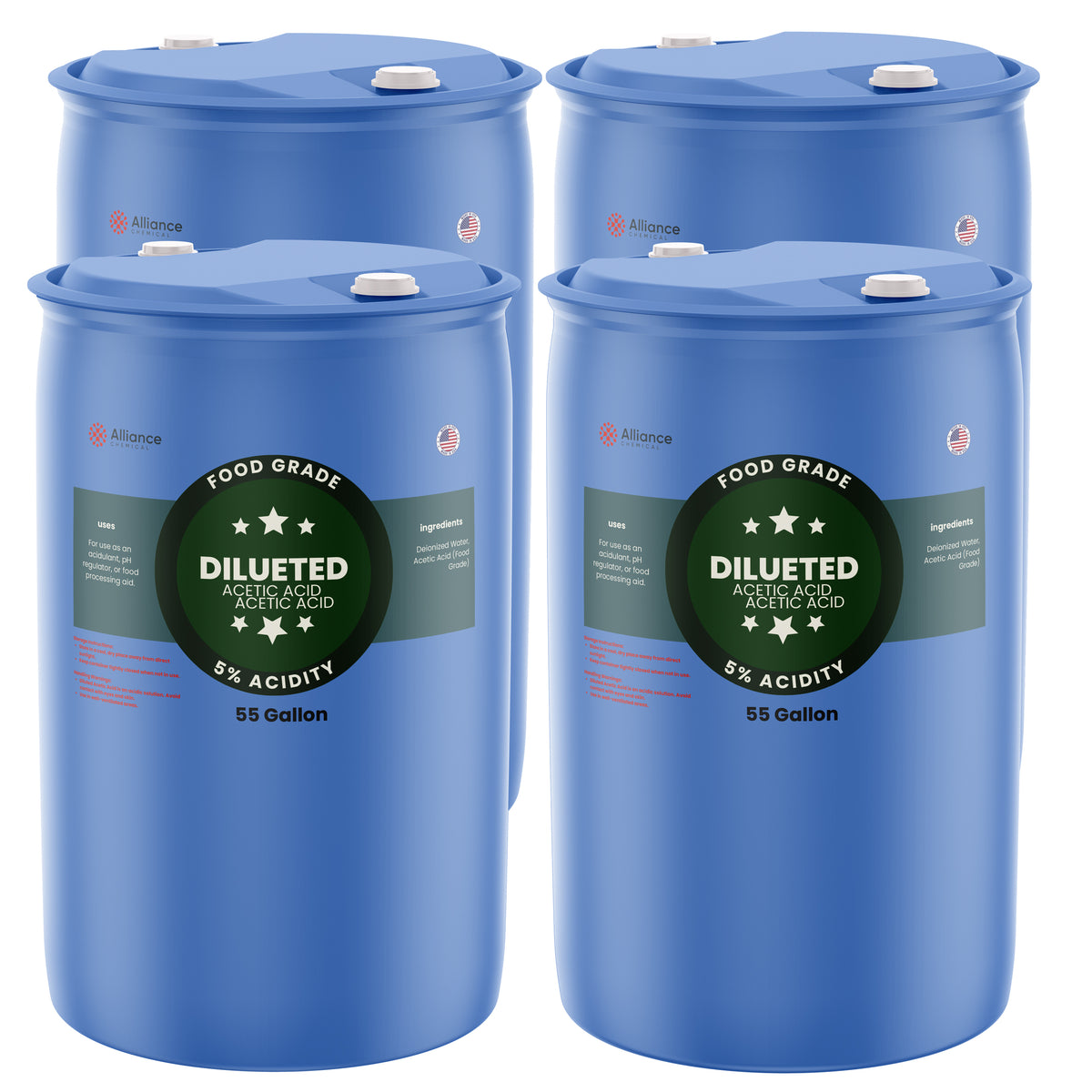 Alliance Chemical 5% diluted acetic acid food grade in blue 55-gallon plastic drum with food grade label