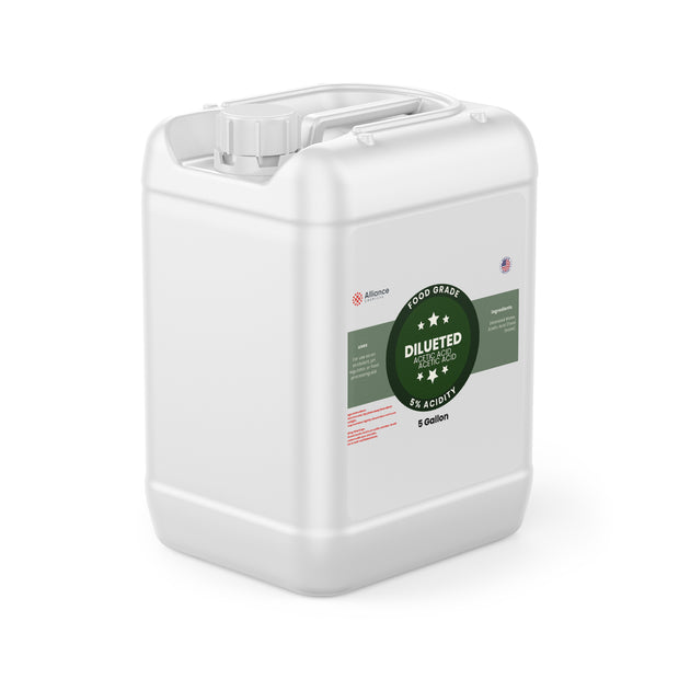 Alliance Chemical 5% diluted acetic acid food grade in white 5-gallon rectangular container with handle