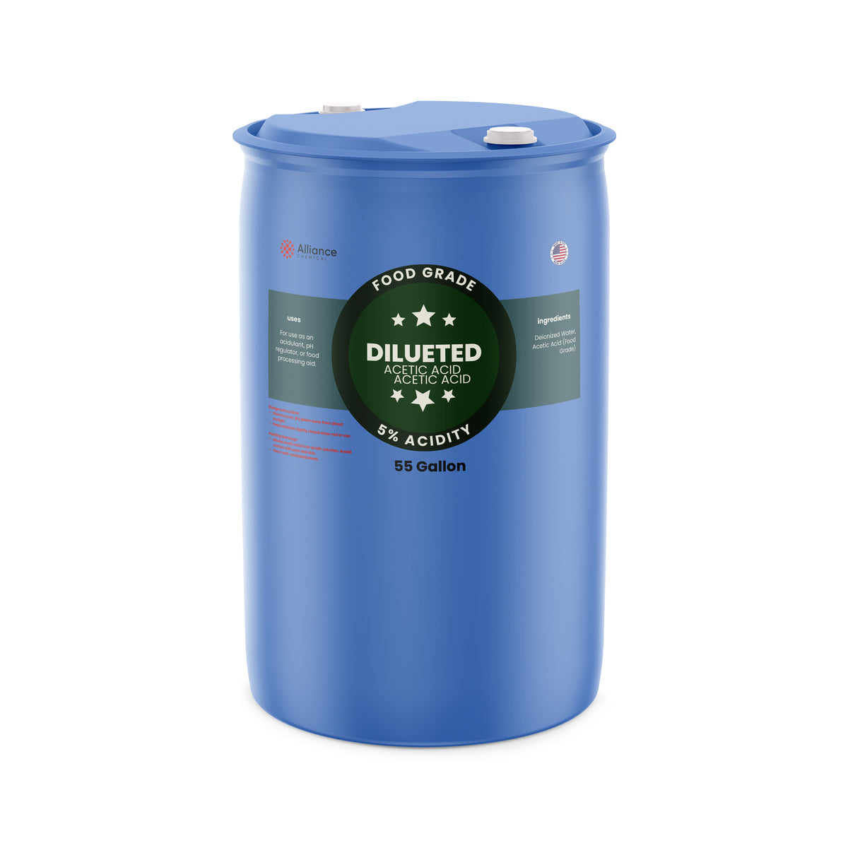 Alliance Chemical 5% diluted acetic acid food grade in blue 55-gallon plastic drum with labeling